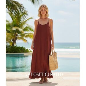Bird & Knoll Karolina Silk Cotton Maxi Dress XS Brown NEW